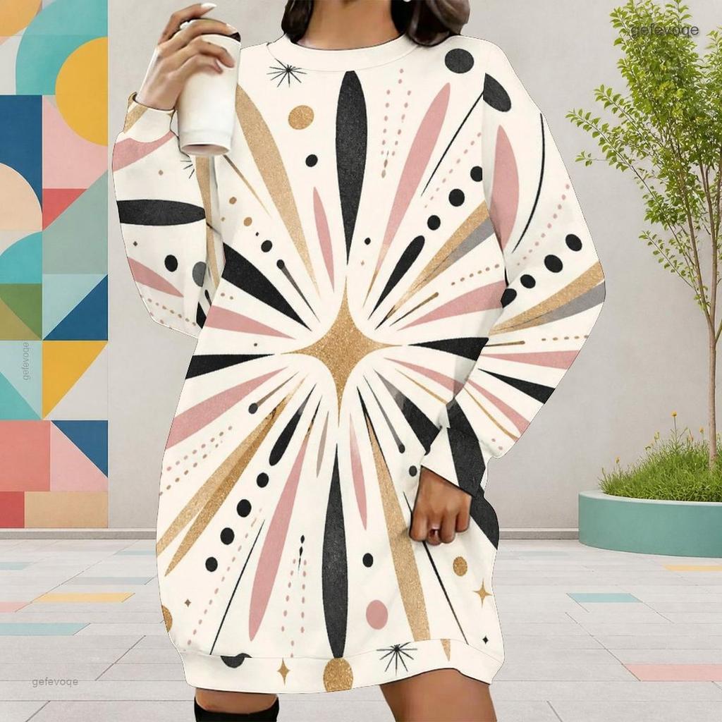 Women Plus Size Round Neck Long Sleeve Printed Black Mini Sweatshirt Dress Ribbed Cuffs