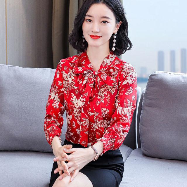 Floral Print Long Sleeved Chiffon Shirt for Women Spring Summer Mother's Top Scarf Collar Bow Bottoming Blouse M-4XL