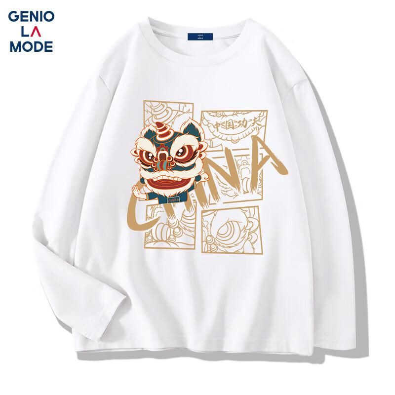 GENIOLAMODE Men's Chinese Trend Lion Dance Print Long Sleeve T-Shirt