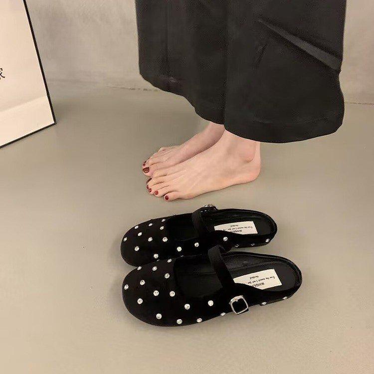 Retro Red Rhinestone Round Head Shallow Mouth Single Shoes Women's 2025 French Temperament Ballet Flat Mary Jane Shoes Half Drag