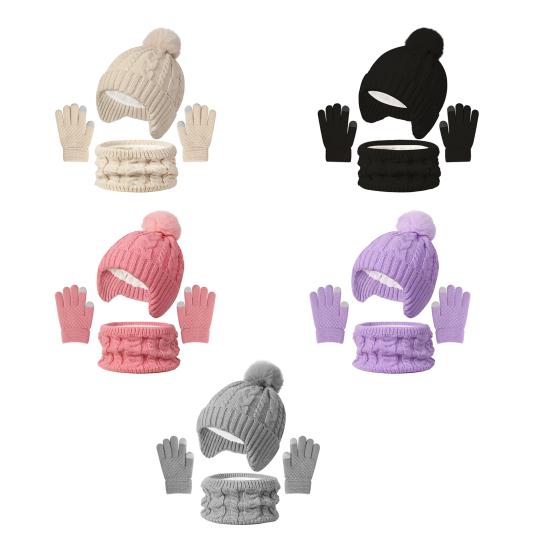 3Pcs/Set Kids Hat Scarf Gloves Set Colorful Twist Texture Hat Thickened Plush Lining Neck Gaiter Knitted Gloves Set