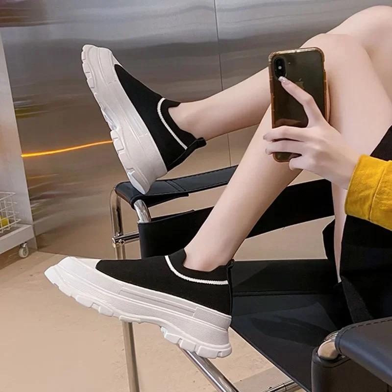 Thick Bottom Knitting Women's Vulcanize Shoes 2024 New Breathable Socks Shoes Casual Sneaker Slip on Tennis Non-slip Shoes Women