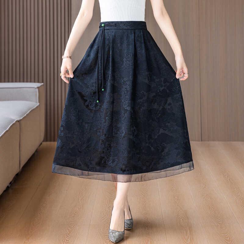 

Женская весенне-летняя черная жаккардовая юбка А-силуэта: Ретро Слимминг с высокой талией для мам среднего возраста 3XL чёрный