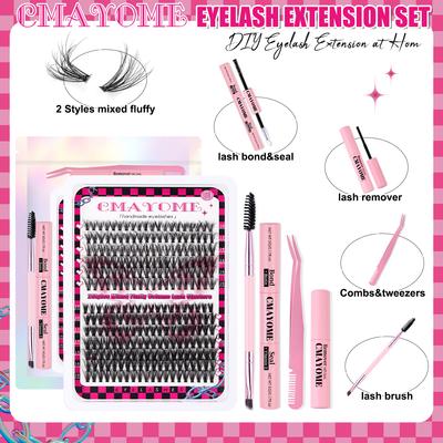 Individuelles Set mit falschen Wimpern, 1 Schachtel D-Curl-Wimpernbüschel mit Evelash-Kleber & Evelash-Entferner & Bürste & Pinzette, Wimpernverlängerungsset für Damen