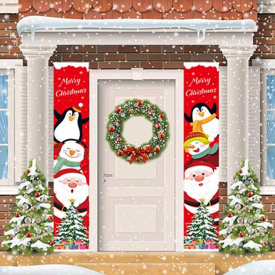 1 Pair Christmas Couplet Santa Snowman Penguin Print Reusable Rectangle Holiday Decoration Xmas Porch Sign Hanging Banner Backdrop Party Supplies