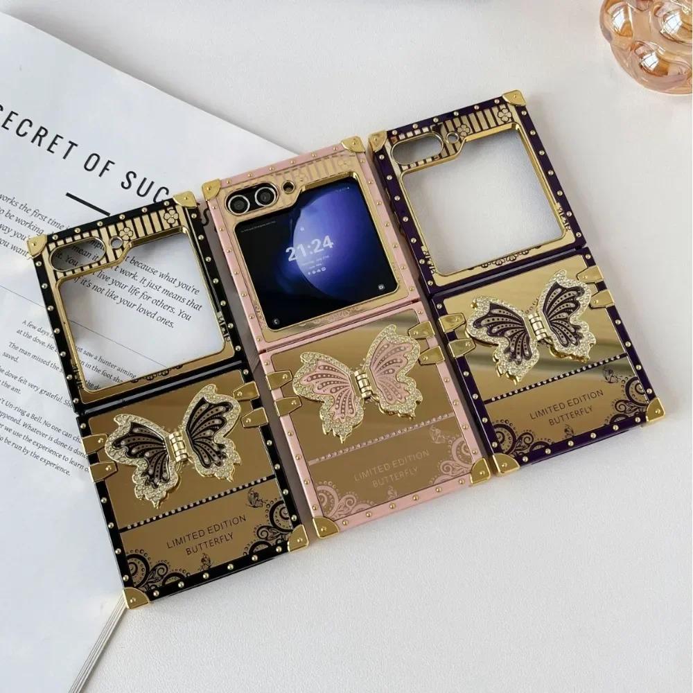 Cute Square Phone Case for Samsung Galaxy Z Flip 6 5 4 3 Flip6 Flip5 Flip4 Flip3 5G Luxury Bling Glitter Butterfly Stand Cover