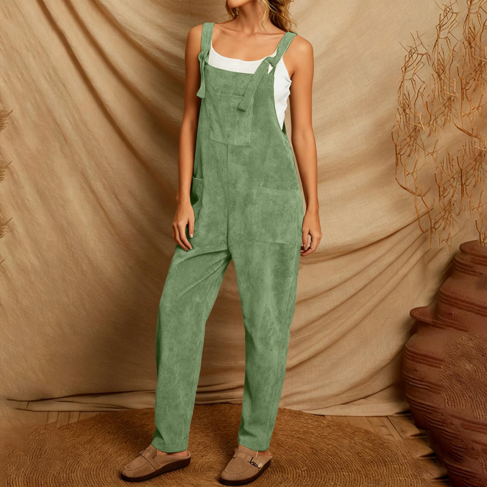 

Women s Solid Color Corduroy Wide Leg Overalls Sleeveless Vest Pocket Casual Jumpsuit XXL зелений