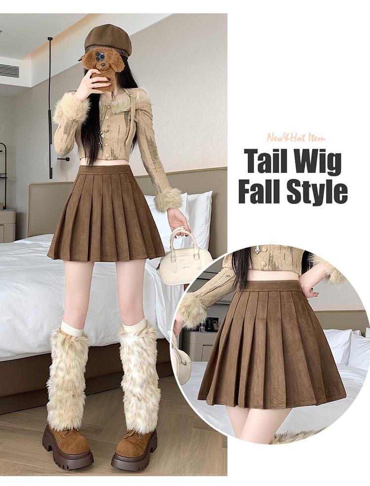 Plus Size Pleated Mallard Brown Suede Skirt - High Waist, Anti-Exposure, Short Skirt for Spring/Autumn