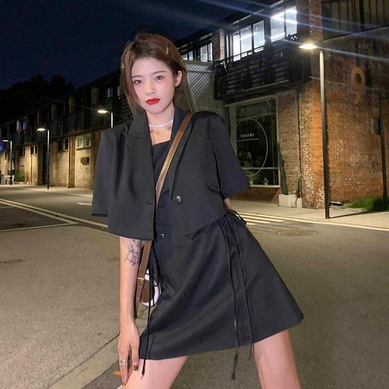 Klänningsset Kvinnor Solid Mode Bandage Fritid Streetwear All-match Summer Crop Blazer Korean Style Sweet 2-delad Outfits Kvinna