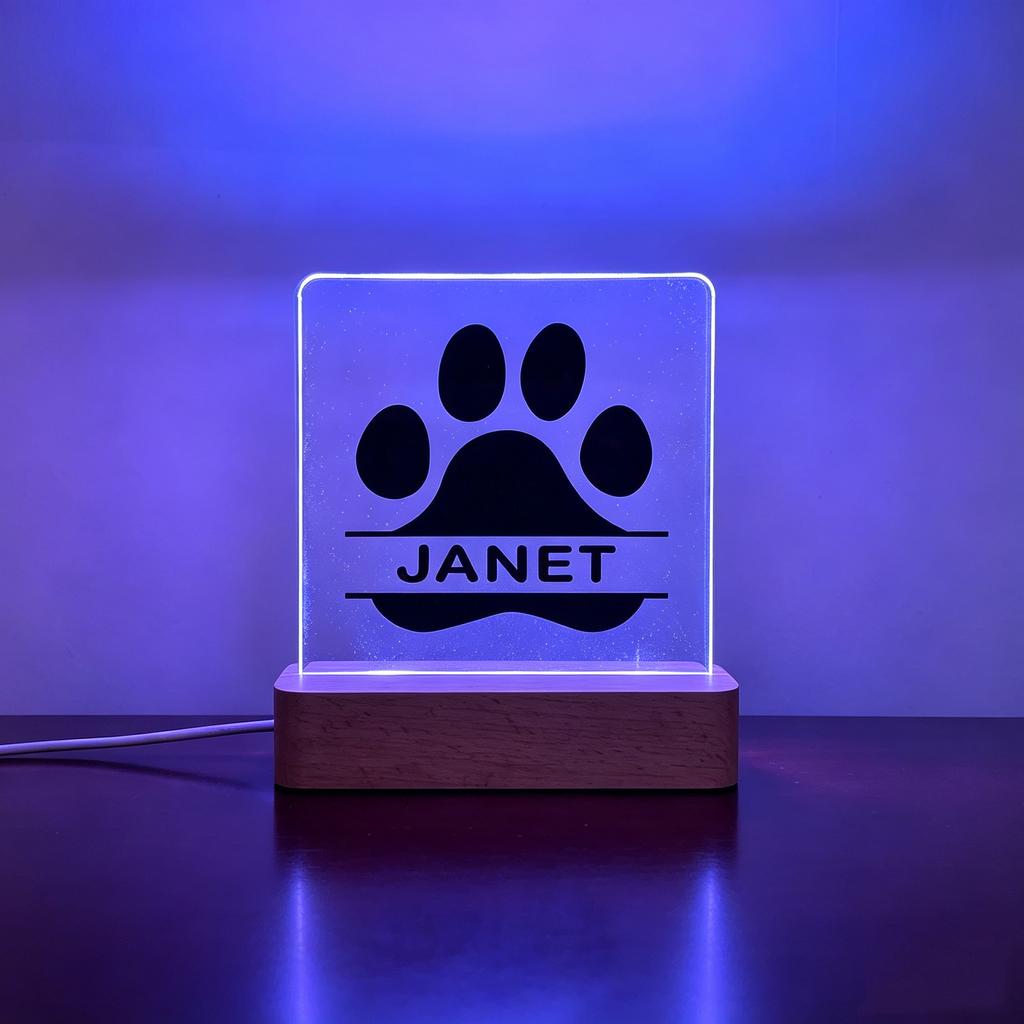 Personalized Dog Paw Acrylic Night Light Custom Pet Name Wooden Base Creative Tabletop Decor Lovely Present For Pet Owner