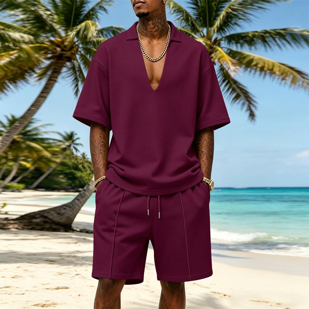 Men’s Casual Two Piece Outfit V Neck Pullover Short Sleeve Top and Drawstring Shorts Relaxed Fit Summer Tracksuit Set