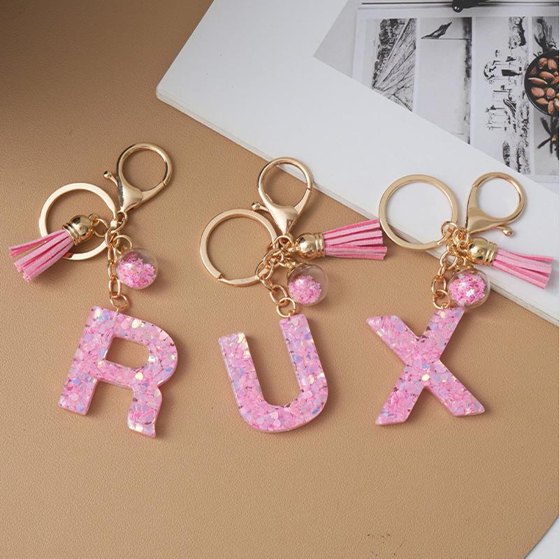 Pink Pompom Letter Keychain English Alphabet Keyring Glitter Gradient Resin Car Mirror Accessory Women Handbag Charms