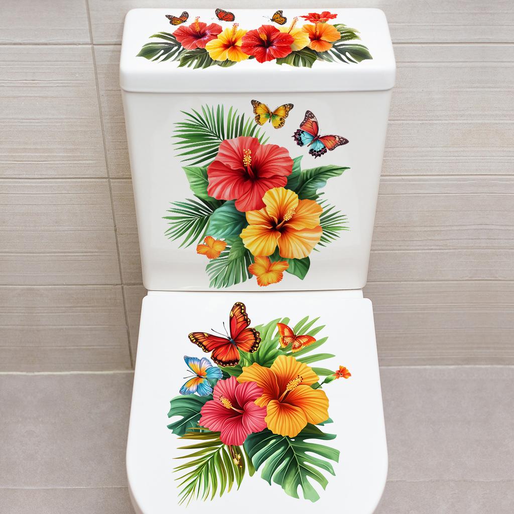 Tropical Floral Butterfly Toilet Stickers, Bathroom Decorative Stickers
