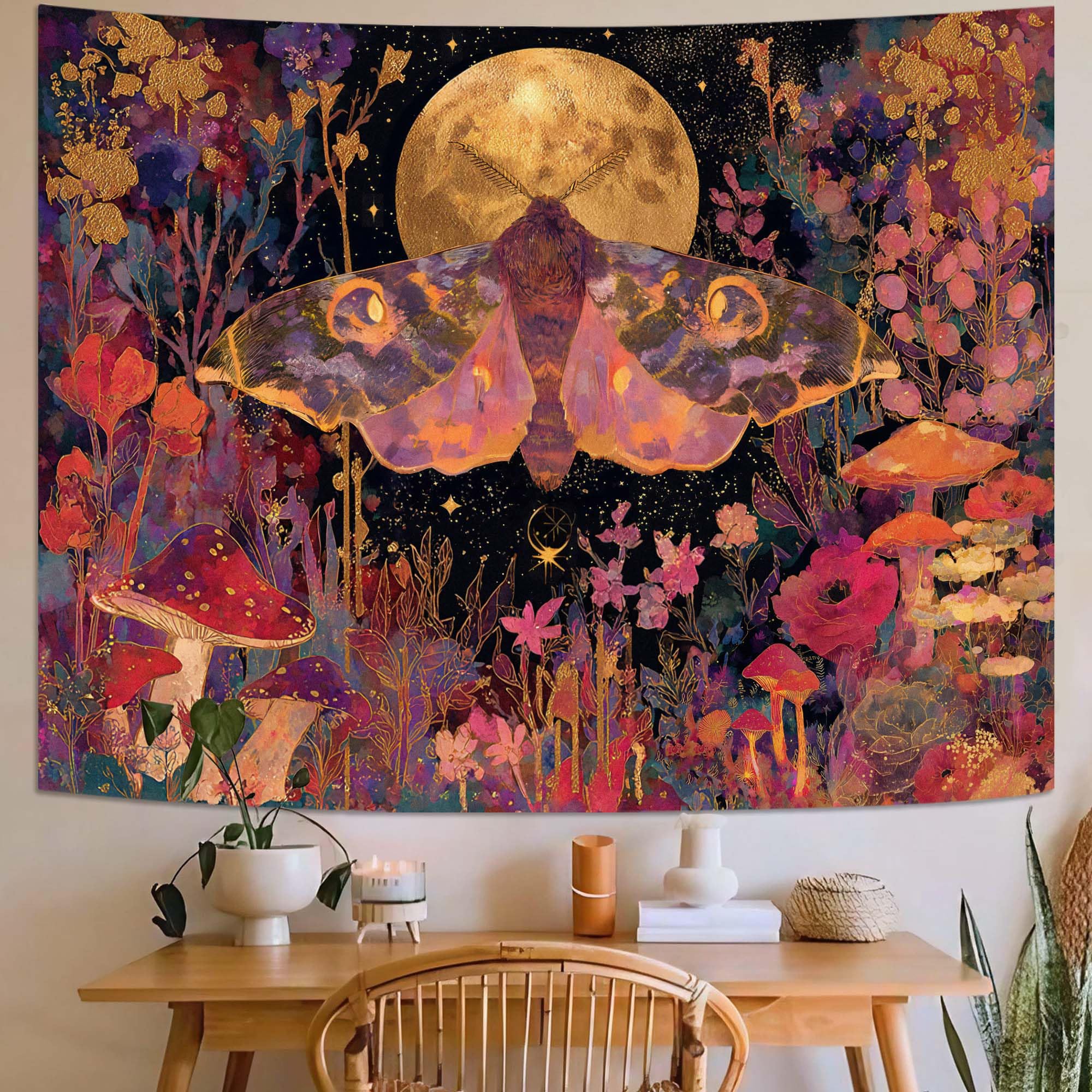 Witchy Skull Tapestry, Vintage Gothic Skull With Snake, Red Flowers And Starry Night Wall Art For Dark Academia And Witchy Room 70x100CM