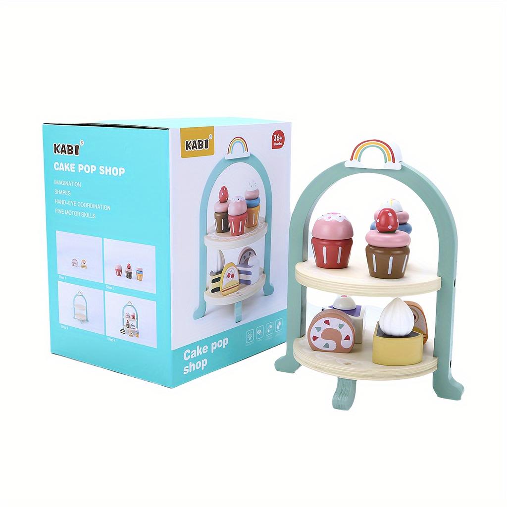 Wooden Cake Pop Shop Playset ,8 Piece Pretend Play Food Toy with Multi-Tiered Dessert Tower Educational Kitchen Roleplay Set for Kids 3+