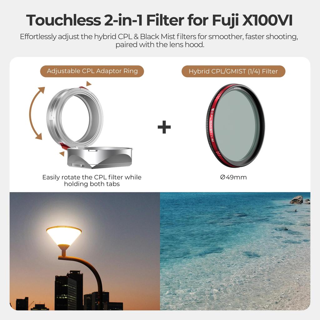 Freewell FUJI X100VI X100V X100 X100S X100F X100T Integrated Filter Lens Hood with Hybrid CPL Black Mist Silver & Filter, (FW-FU-XSR)
