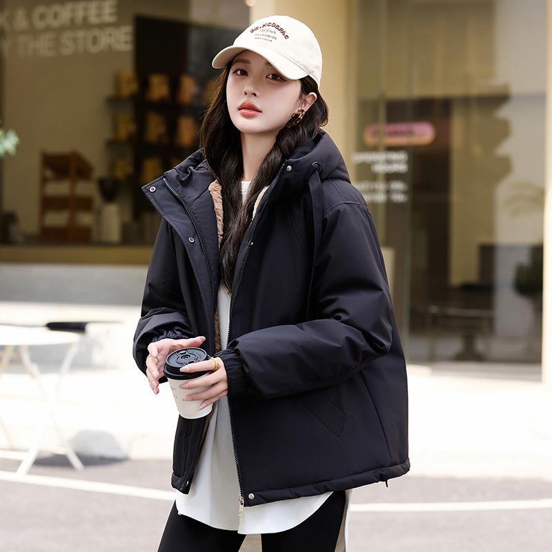 Damen Kapuzen-Pufferjacke Unifarben Reißverschluss Kordelzugbündchen Lockere Passform Warmer Baumwollwattierter Mantel