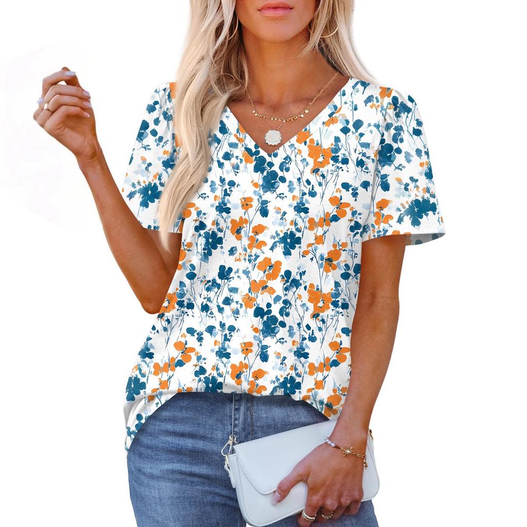 Women's Fashionable Casual Short Sleeve Print V-Neck Pullover Top