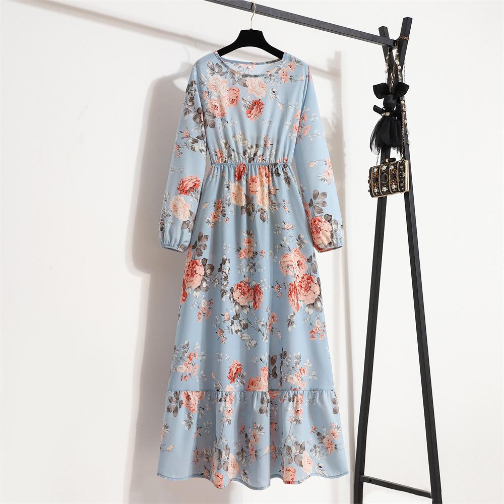 2022 European & American Floral A-Line Dress - Spring, Long Sleeve, Round Neck, Slim Fit