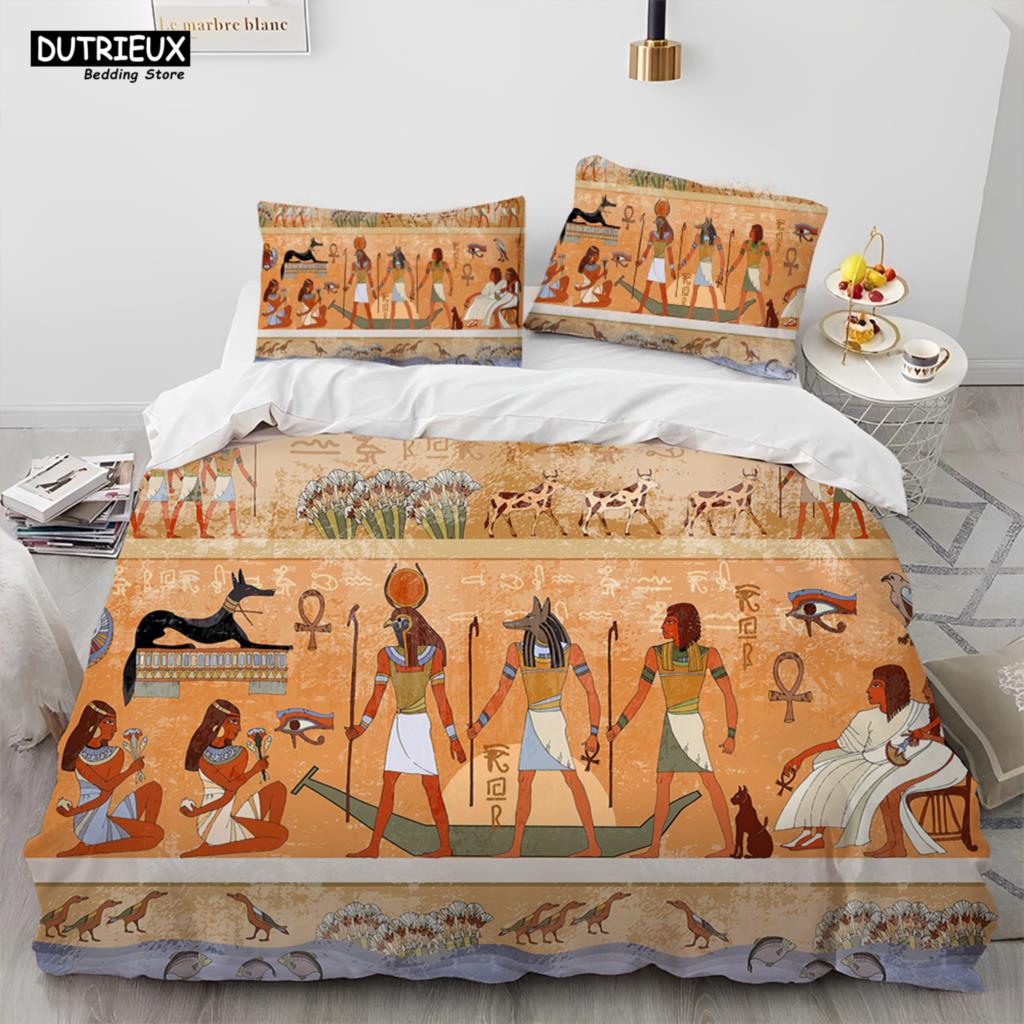 Egyptian Mythology Pharaoh Hieroglyphics Comforter Bedding Set,Duvet Cover Bed Set Quilt Cover Pillowcase,Queen Size Bedding Set