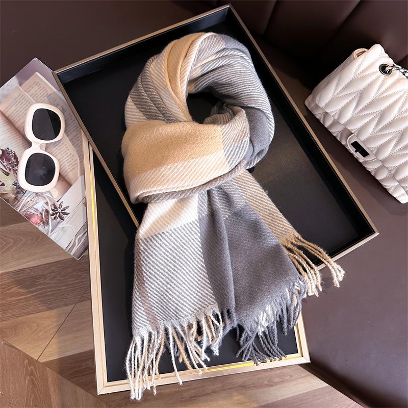Unisex Korean Plaid Thick Winter Scarf with Tassels - Imitation Cashmere Shawl