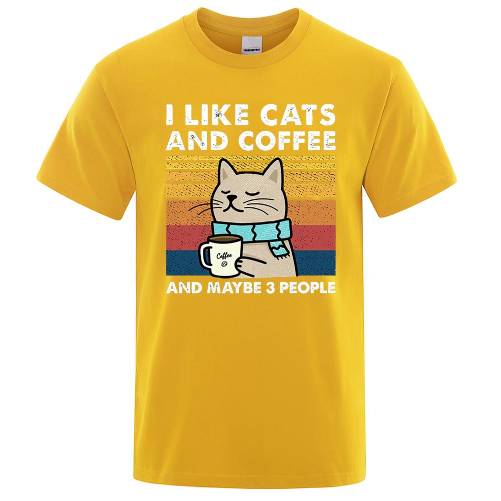 I Like Cats And Coffee Street Funny T-Shirt For Men Fashion Casual Loose Cotton Clothing Crewneck Breathable Tshirt Hip Hop Tees