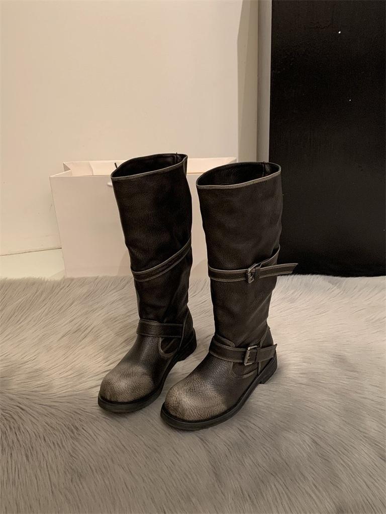 Korean Old Belt Buckle Medium Tube Knight Boots Thick Sole Niche Pile Boots Martin Boots