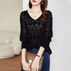 women hollow out knit sweater v neck long sleeve loose fit casual pullover