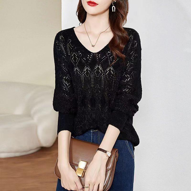 women hollow out knit sweater v neck long sleeve loose fit casual pullover