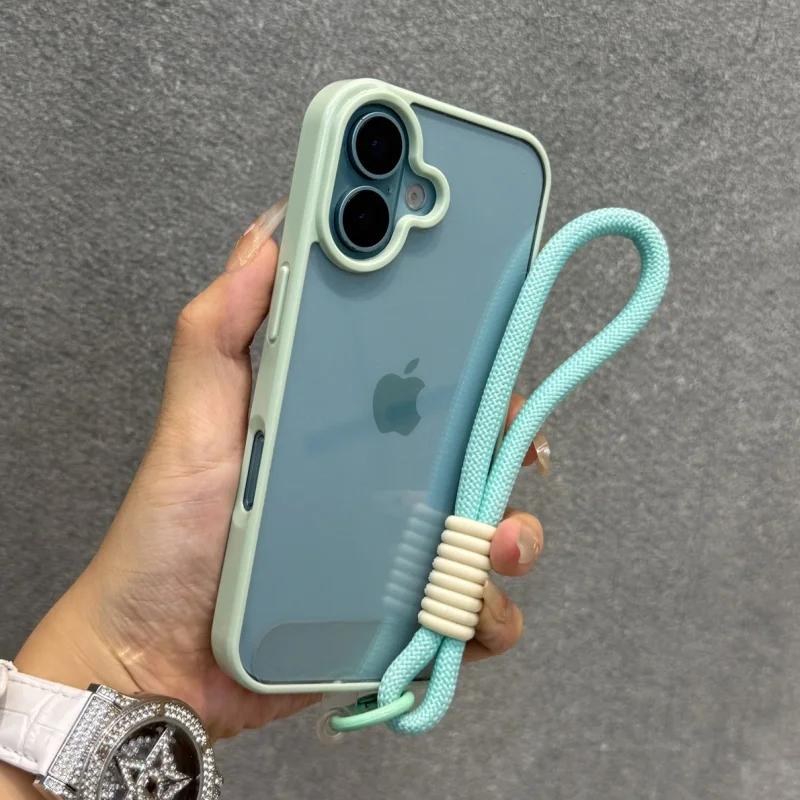 Luxury Candy Color Bumper With Lanyard Phone Case For iPhone 17 16 15 14 13 12 11 Pro Max Plus Clear Acrylic Shockproof Cover