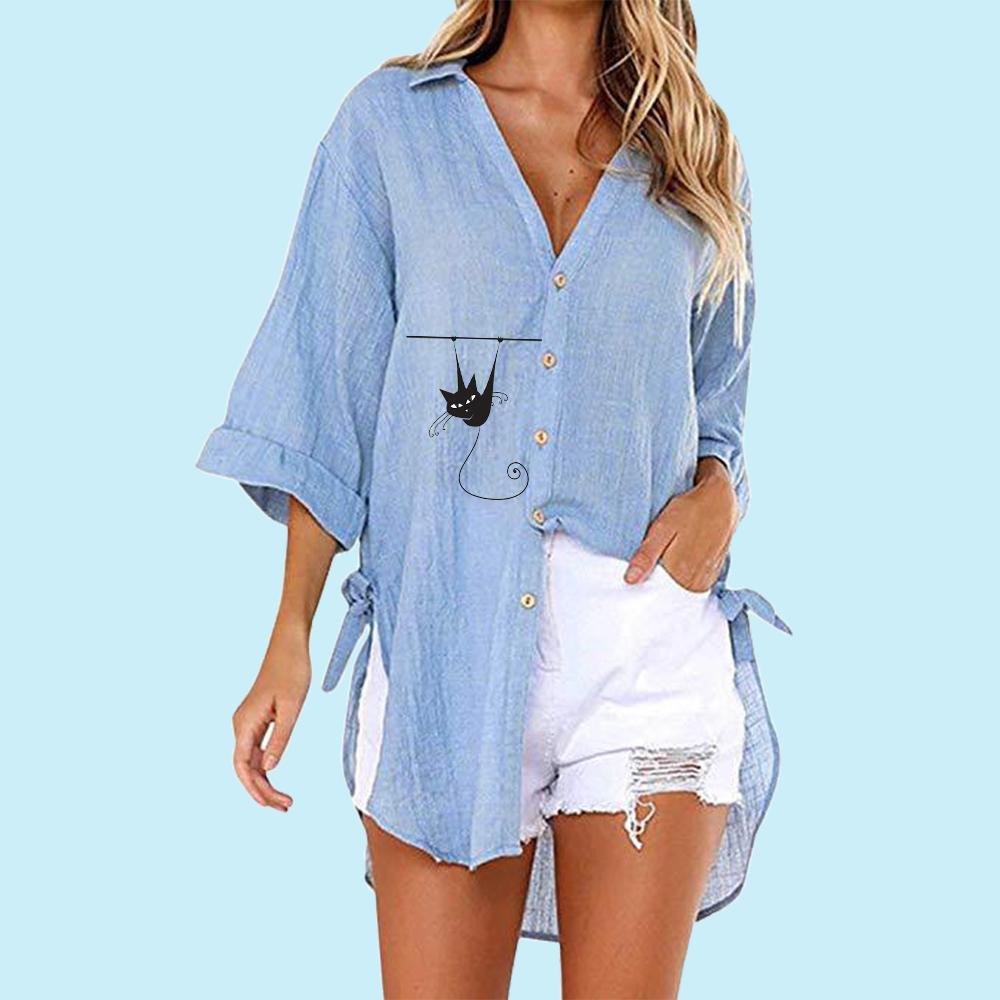 

Женская модная рубашка с принтом кошки, летняя и осенняя модная футболка с коротким рукавом на пуговицах, женская повседневная футболка с v-образным вырезом, свободные длинные блузки 3XL синий