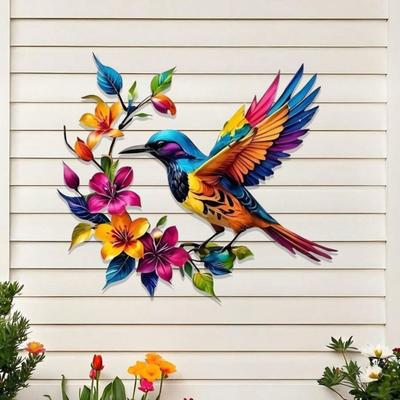 Hummingbird Bloom Metal Wall Art Colorful Floral Bird Wall Decor Iron Hanging Sculpture for Outdoor Indoor Garden Patio Fence Wall Decoration