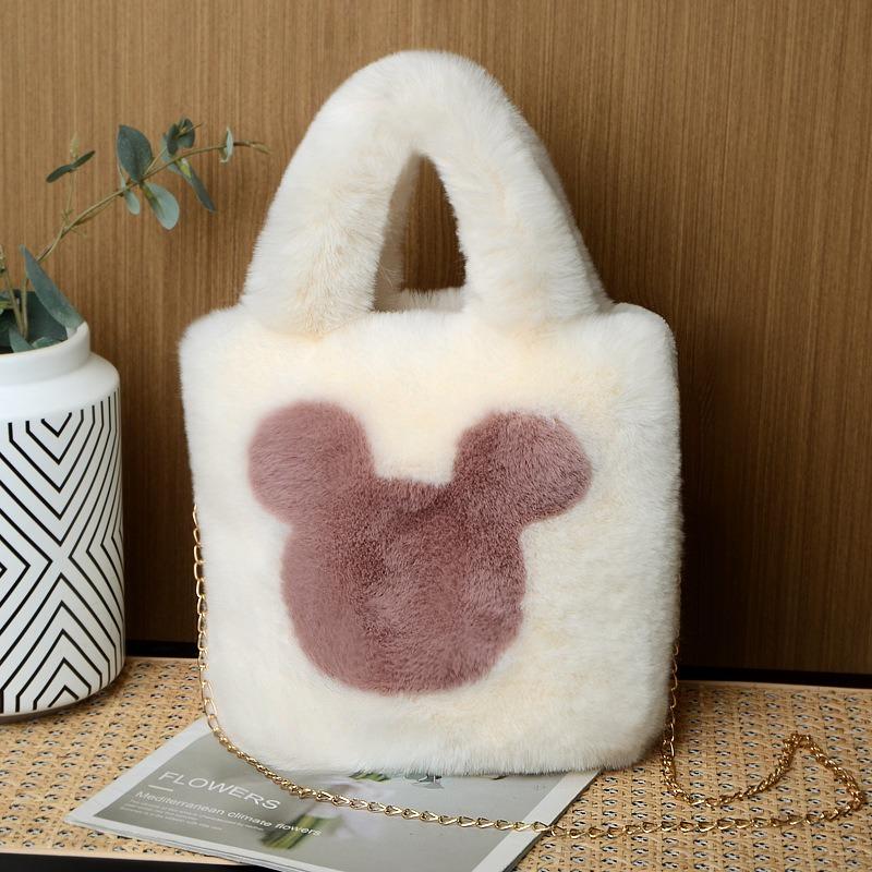 Mickey Head Handheld Women's Bag Large Capacity Autumn and Winter Plush Bag One Shoulder Handbag Versatile Plush Bag Chain
