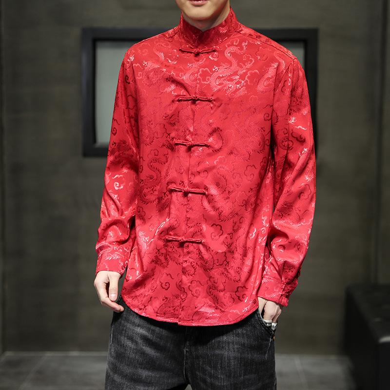 

Men Satin Mandarin Collar Silk Shirts Collar Chinese Dress Shirt Large Size with Dragon Red New Year Clothes Oversize S червоний