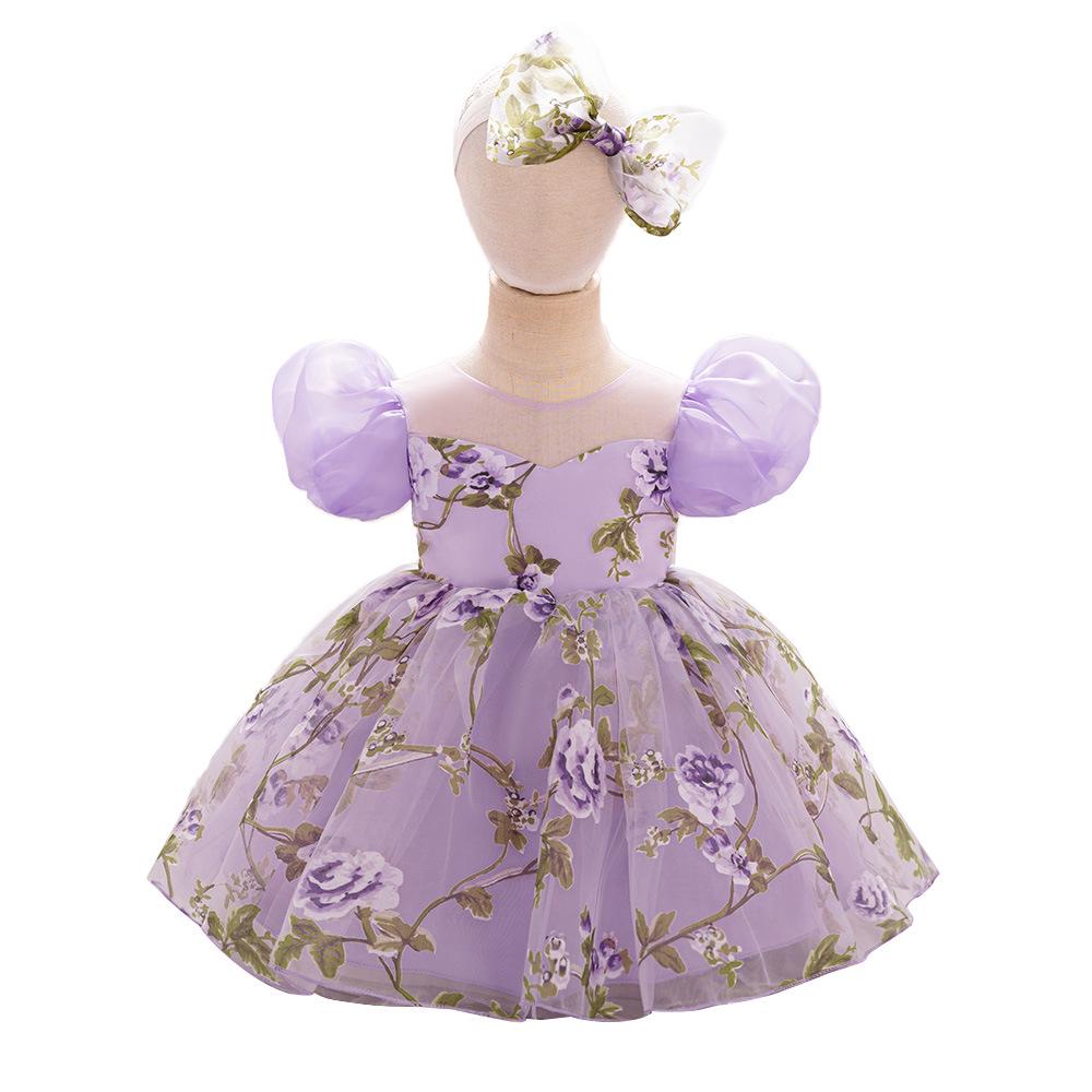 One-Year-Old Baby Girl Princess Birthday Mesh Dress with Flowers & Hair Accessories