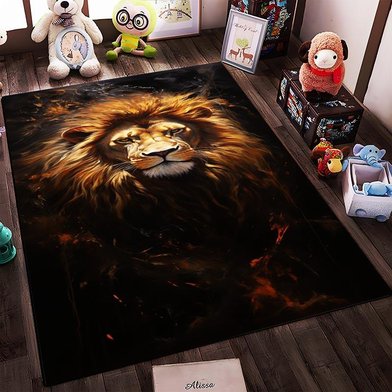 Realistic Lion Portrait Carpet with Fiery Background for Living Room Suitable for use as an anti-slip for living room bedroom sofas