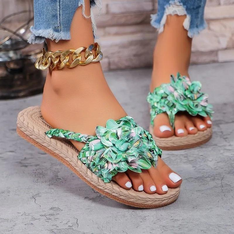 Fashion 2025 Summer Women Slippers Casual Shoes Flat Vacation Holiday Braided Floral Pattern Slippers Toe Post Beach Flip Flops Slides