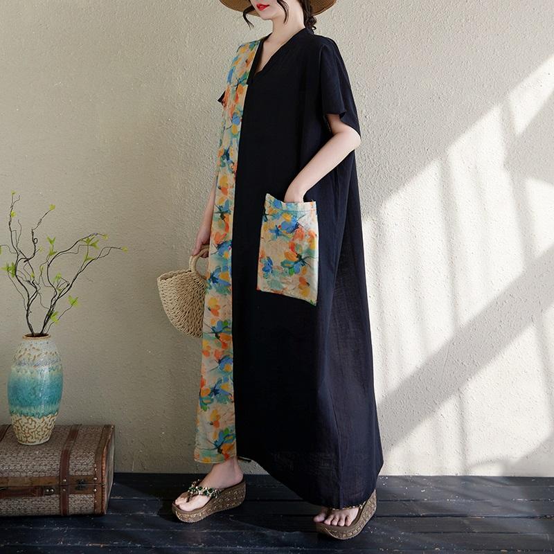 Short Sleeve Plus Size Cotton Vintage Floral New In Dresses for Women Casual Loose Maxi Long Summer Dress