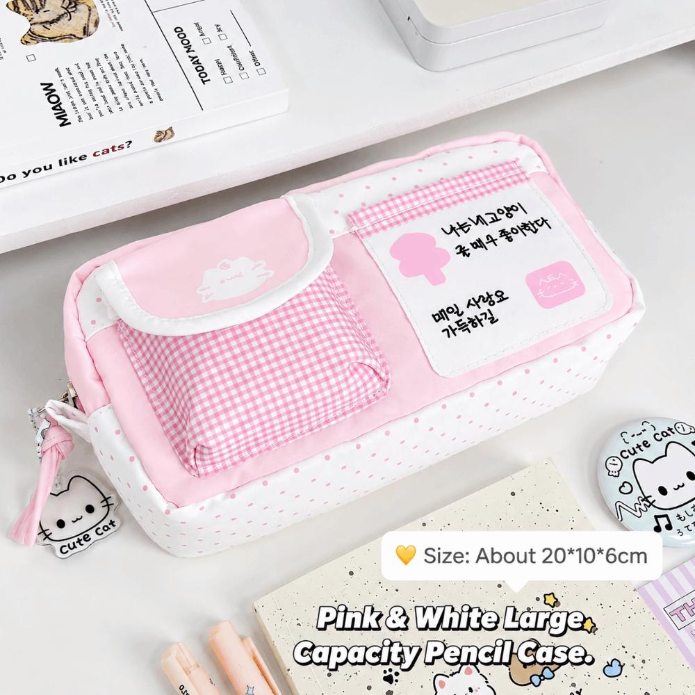 Cat Print Pen Bag Pink White Pencil Pouch Durable Stationery Organizer School Supplies