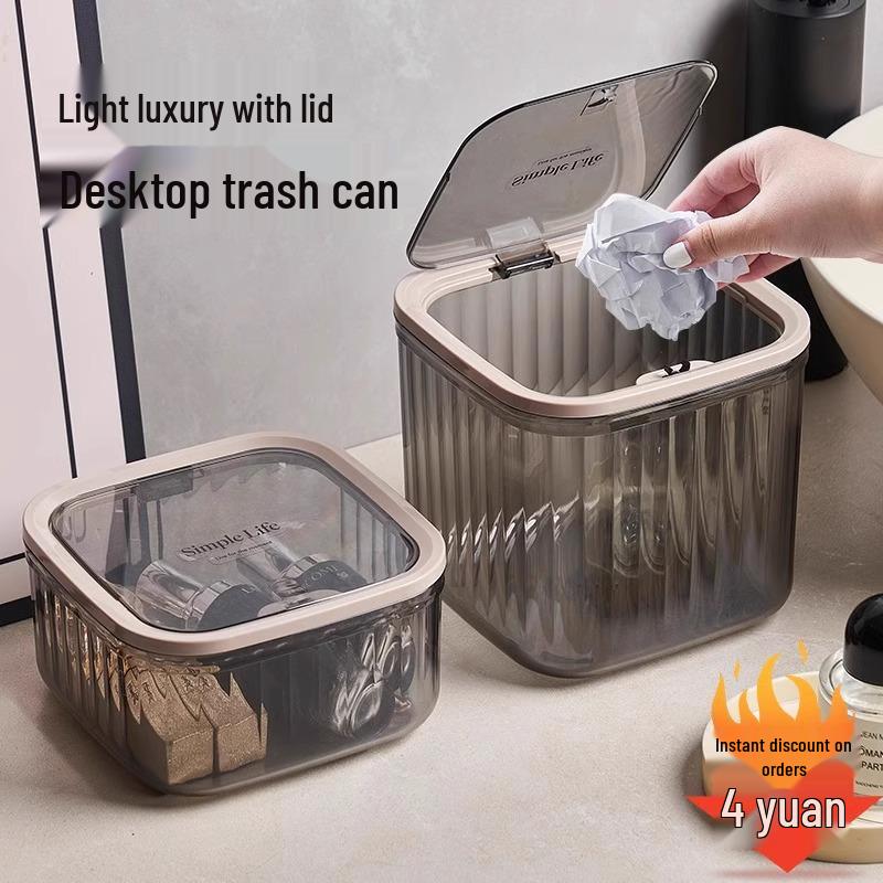 

Clear Desktop Trash Can: Stylish Kitchen, Bedroom, or Car Paper Basket Transparent White Small [Flip Cover]