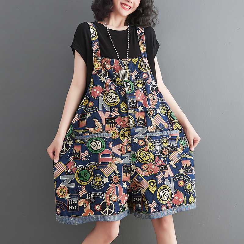 2025 Sommer Mode Print Jumpsuit Shorts Damen Lässig Locker Denim Short Pans Weiblich