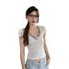 Sweet wind floral texture straps V-neck short-sleeved T-shirt women's summer lace splicing slim-fitting front shoulder top