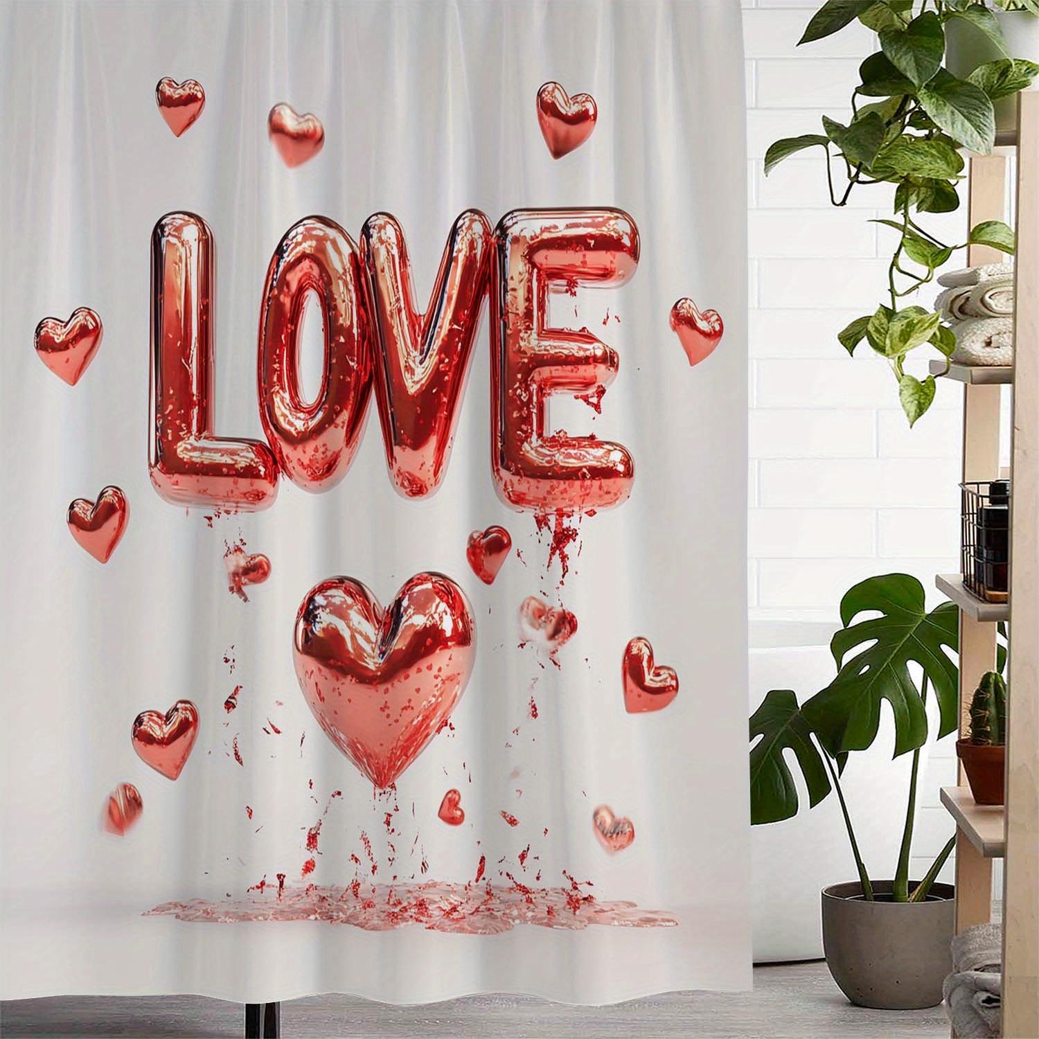 Romantic Valentine S Day Love Theme Shower Curtain With Red Heart Balloon Design - Waterproof, Great For Bathroom Decoration W60H190(CM)-1 Pcs