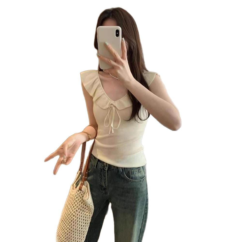Korean Chic Chic Ruffle Edge Lace-up Sleeveless Design Top Summer Fresh Age Reduction Beautiful Vest Small Top