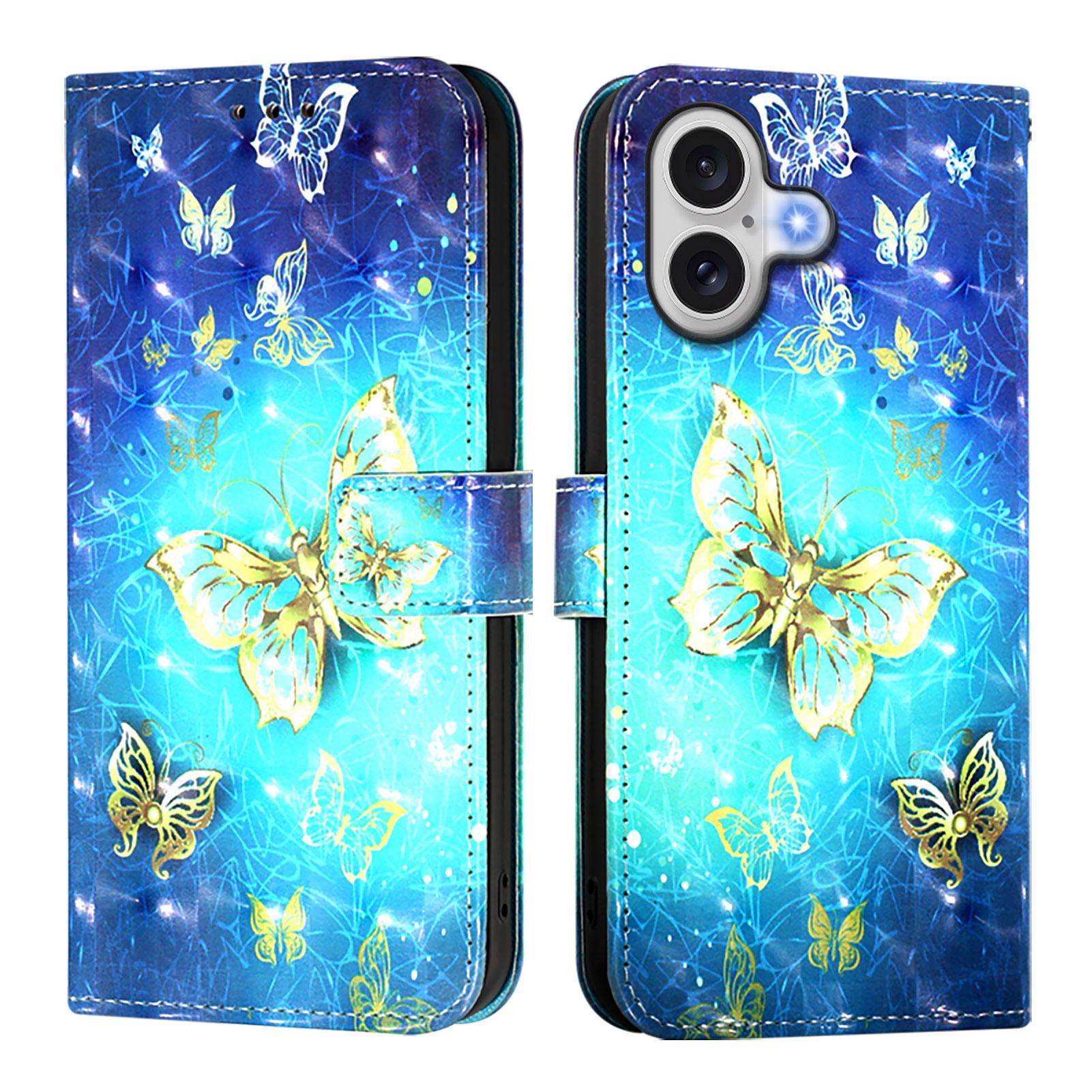 

For iPhone 17 Leather Case Pattern Printing Wallet Stand Mobile Cover with Strap Golden Butterflies