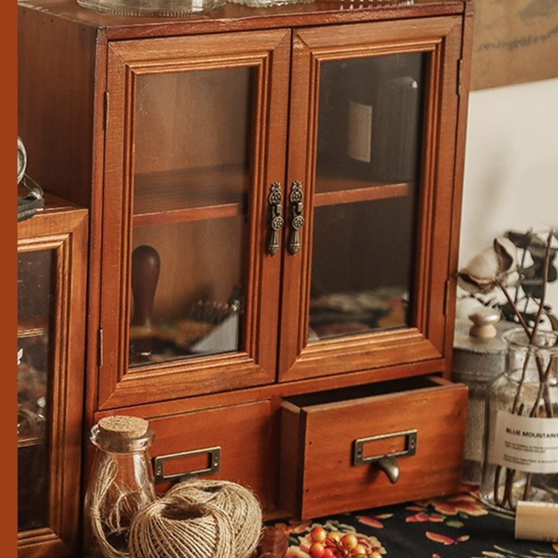 Wooden Desktop Organizers Cabinet with Glass Door for Cosmetics, Stationery, Small Kitchen Items and Decors Use