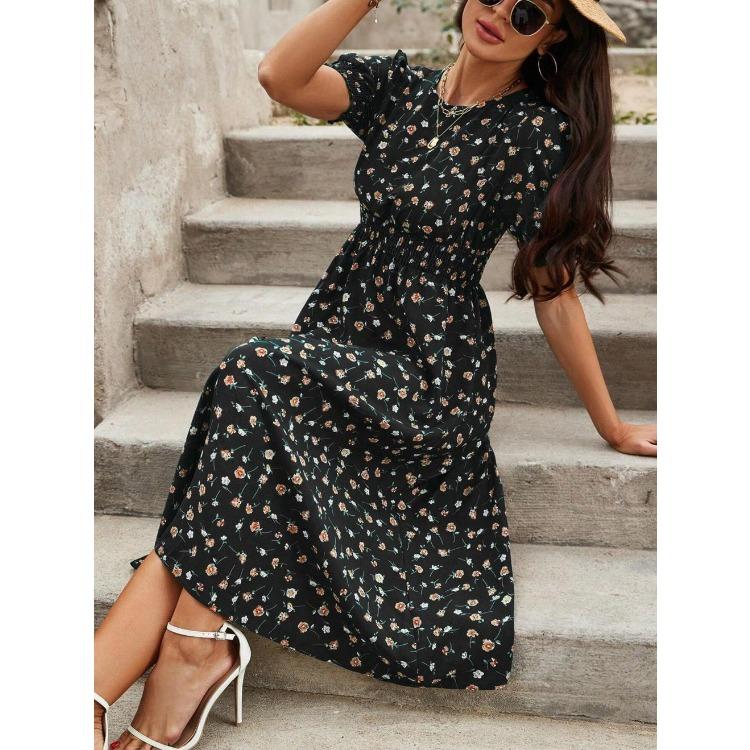 Women Summer Puff Sleeve High Waist Floral Midi Vacation Print Long Comfortable Lightweight High Recognition Elegant with Flattering Chic Dress