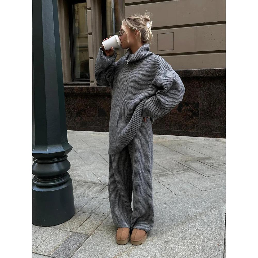 Women's Collared Half Zip Ribbed Knit 2-Piece Set Oversized Wide Leg Pants Fashion Sweater Suit