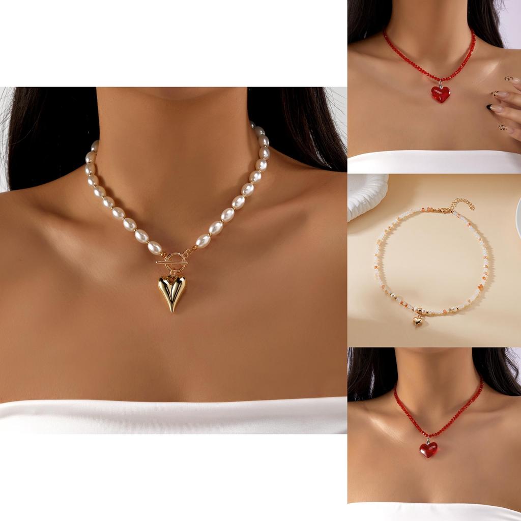 Heart Theme Layered Necklace With Crystal And Pearl For Summer Beach Outfits
