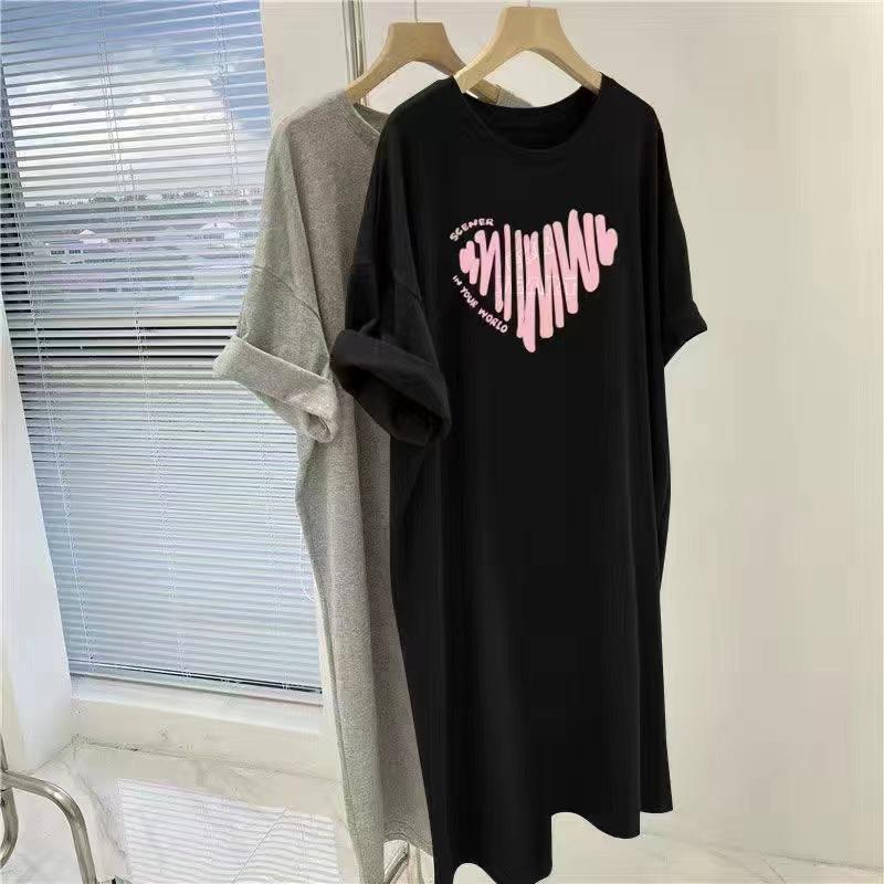 YYFS Women's Fashion Summer Spring Love Letter Print 1/2 Sleeves O-Neck Loose Waistline Casual Dresses